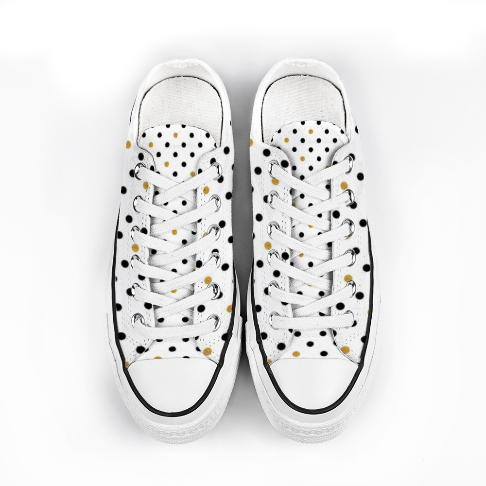 Unisex Low Top Canvas Shoes Blk and Gold Polka Dots