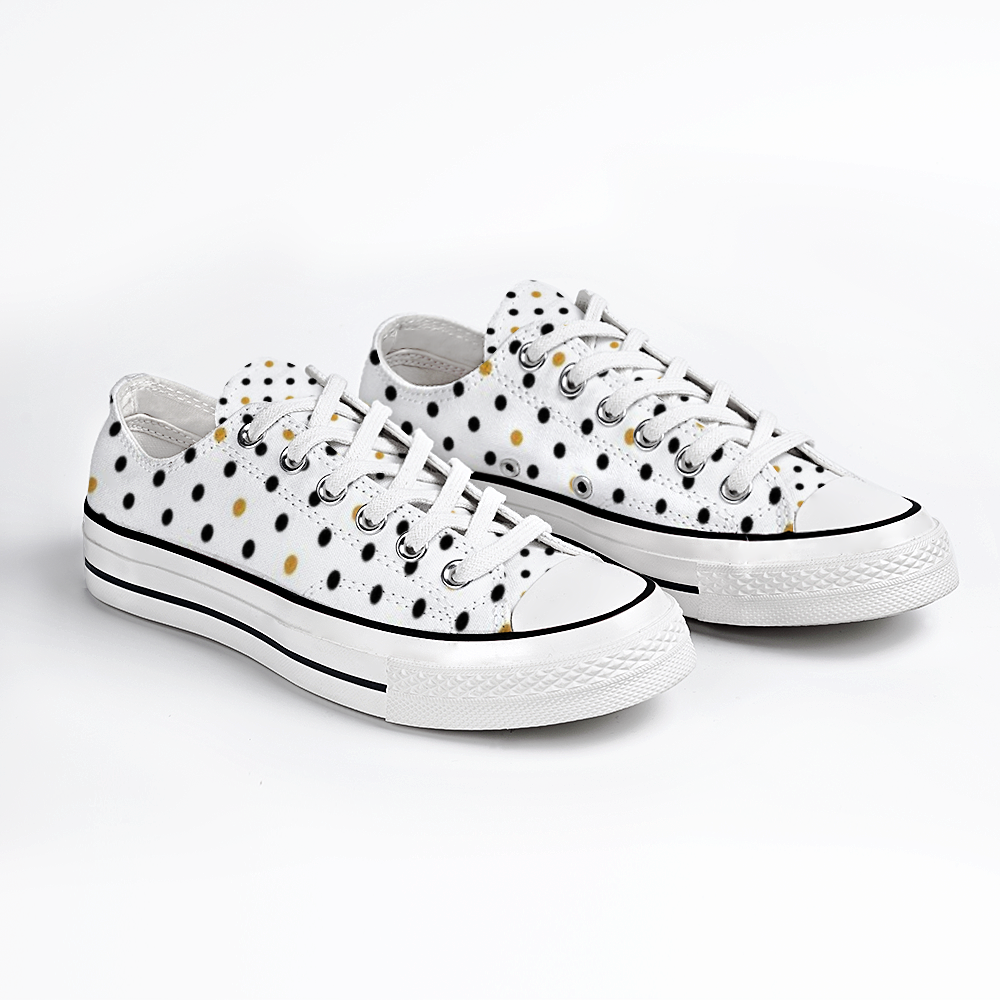 Unisex Low Top Canvas Shoes Blk and Gold Polka Dots