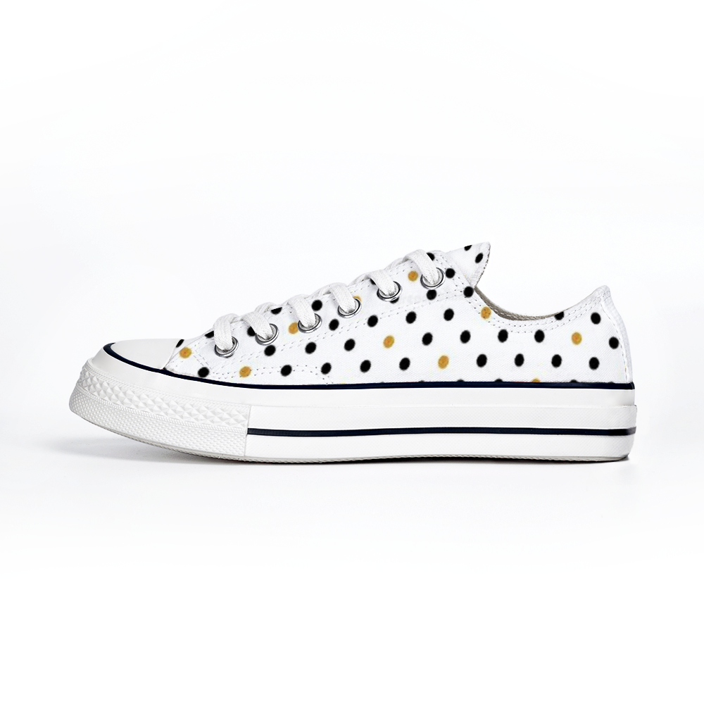 Unisex Low Top Canvas Shoes Blk and Gold Polka Dots
