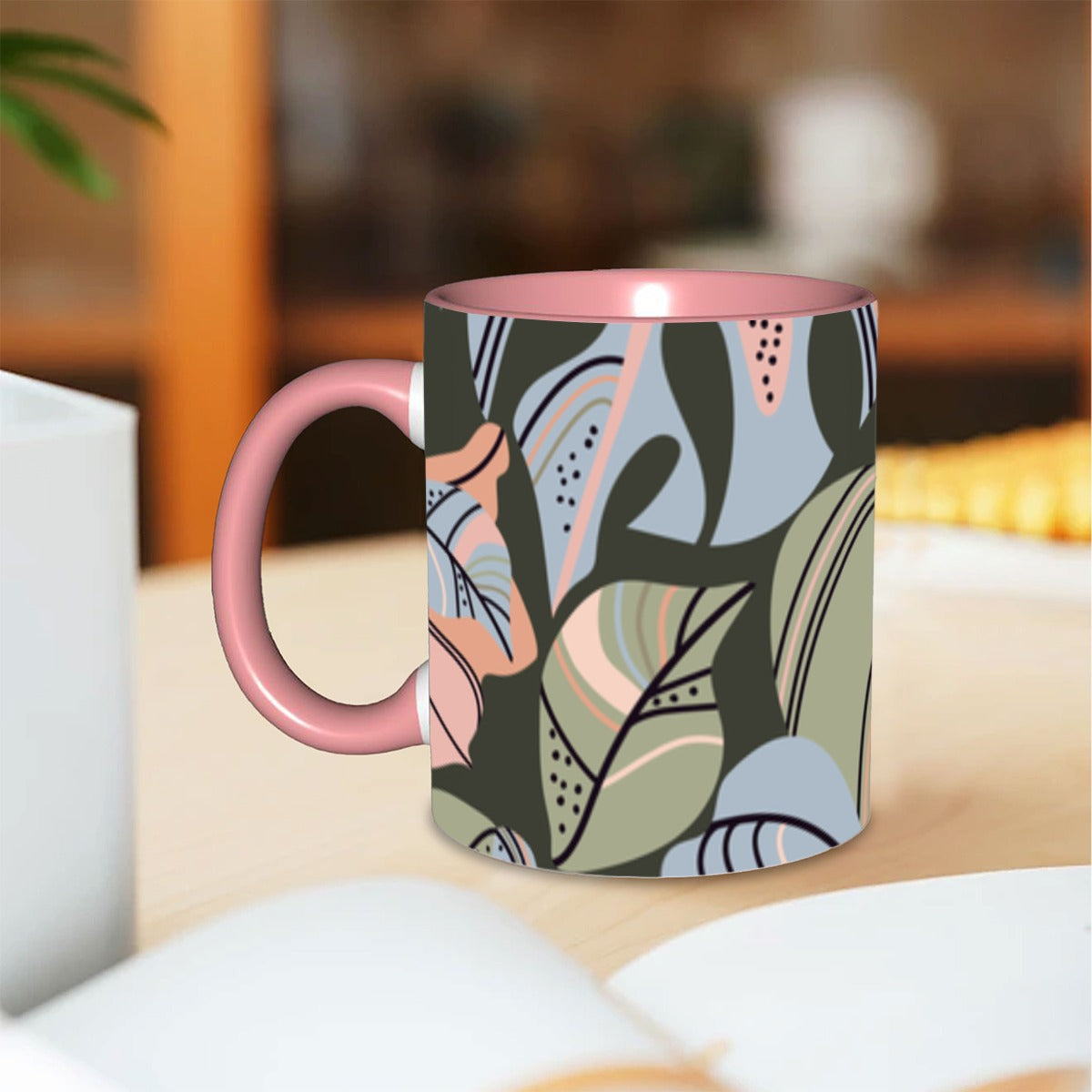 Pink and Green Leaf Coffee Mug 11 oz Free Shipping