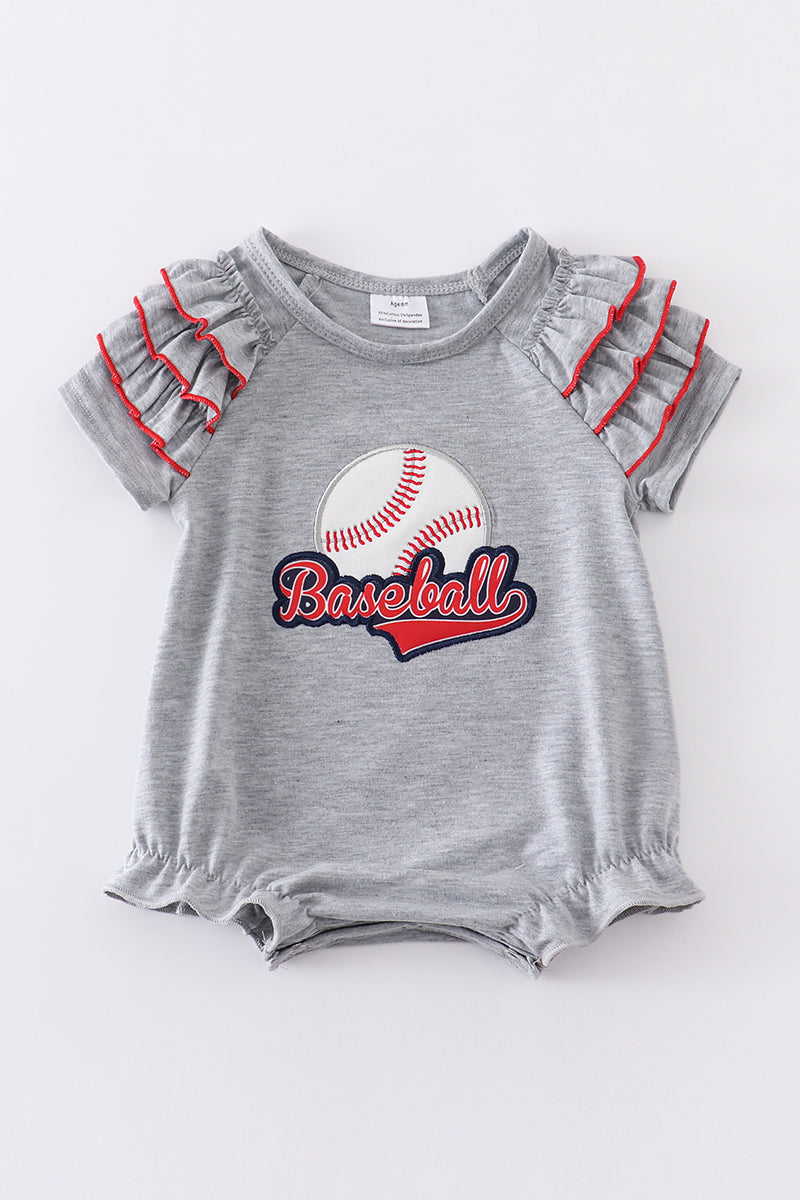 Grey baseball applique ruffle girl bubble