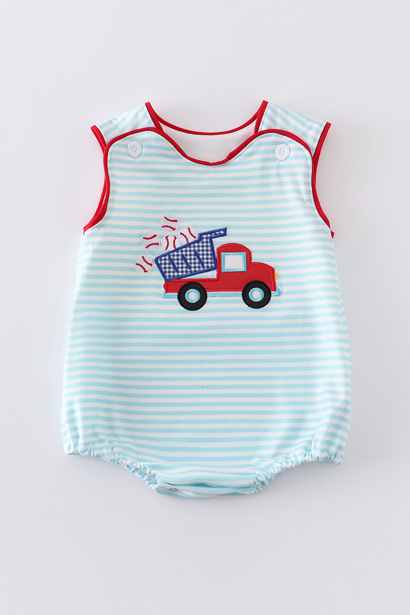 Blue stripe truck baseball applique boy bubble