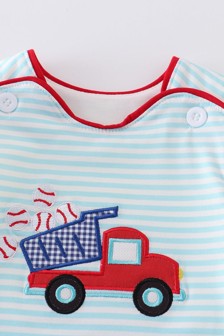 Blue stripe truck baseball applique boy bubble