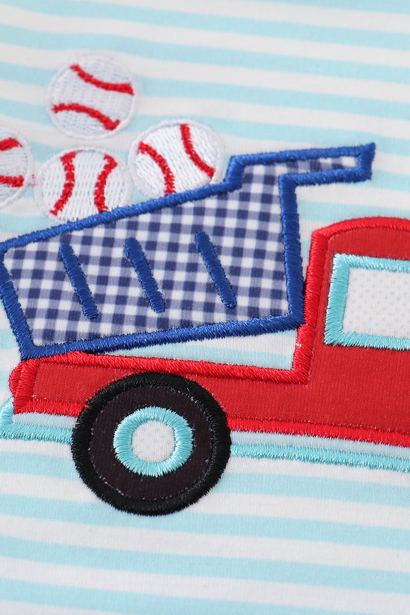 Blue stripe truck baseball applique boy bubble