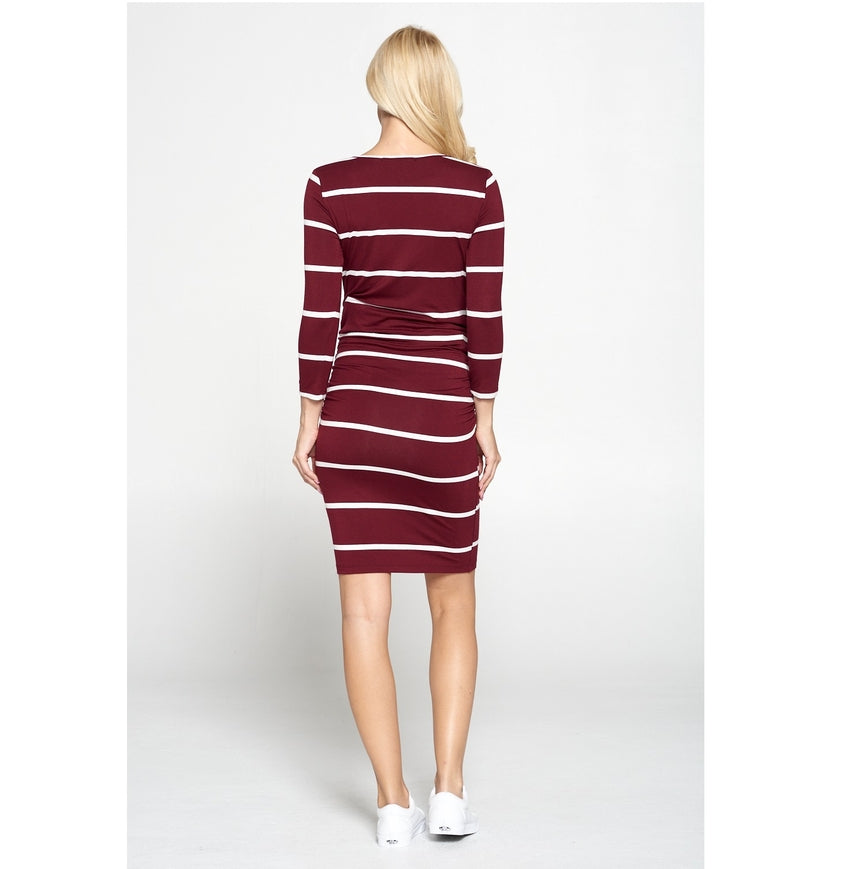 Maternity Bodycon Casual 3/4 Sleeve Dress-Made in Usa- Burgundy