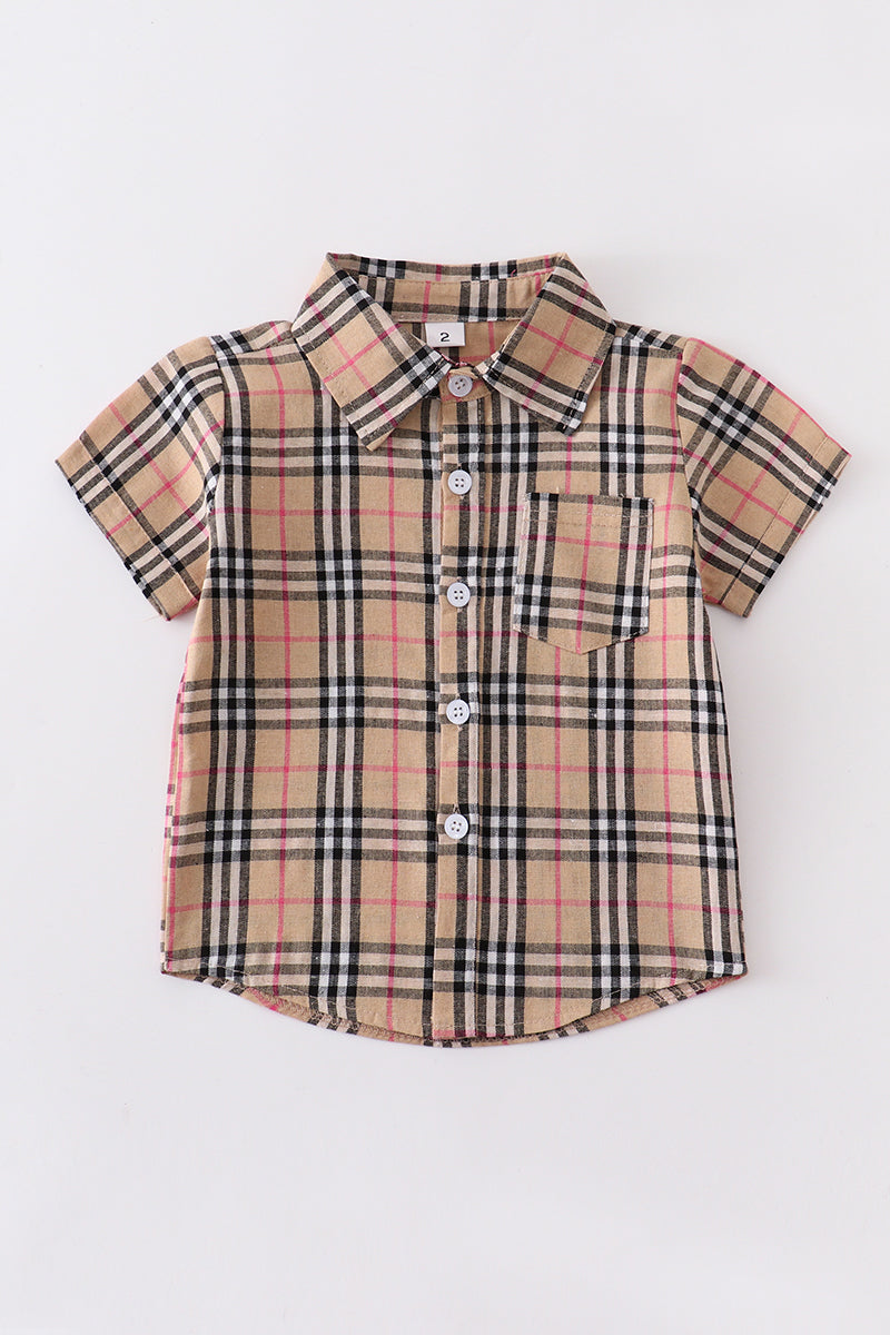 Brown plaid button down boy shirt