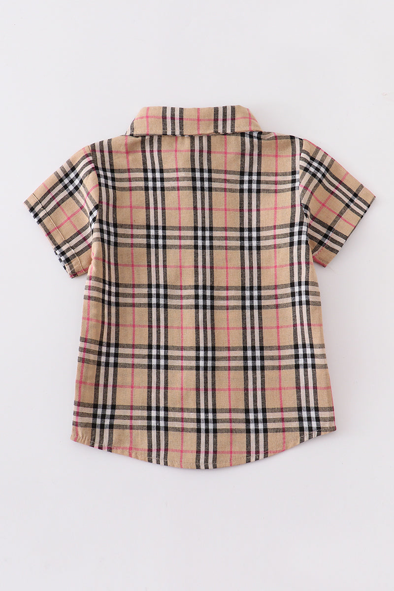 Brown plaid button down boy shirt