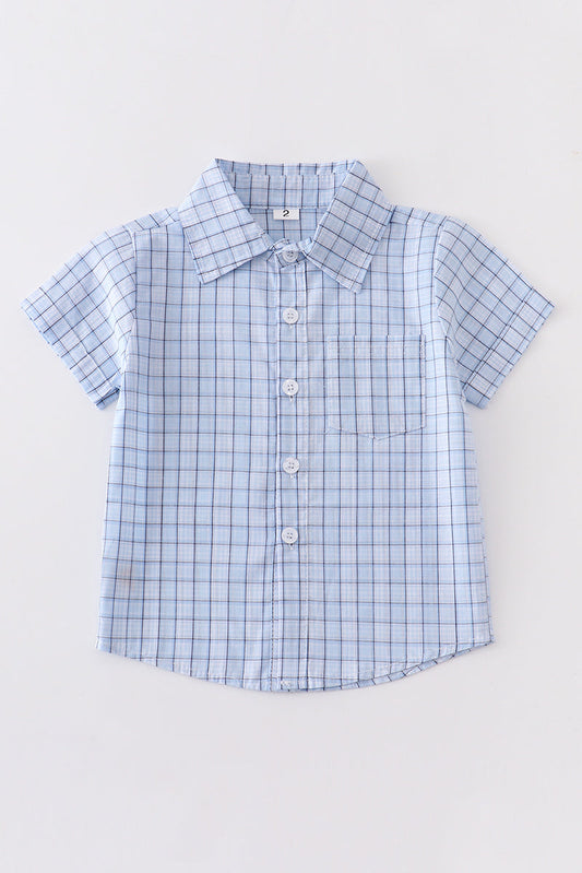 Blue plaid button-down boy shirt