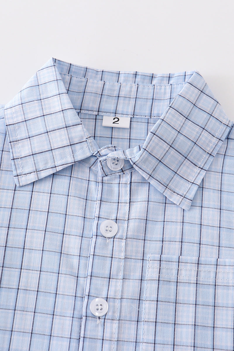 Blue plaid button-down boy shirt