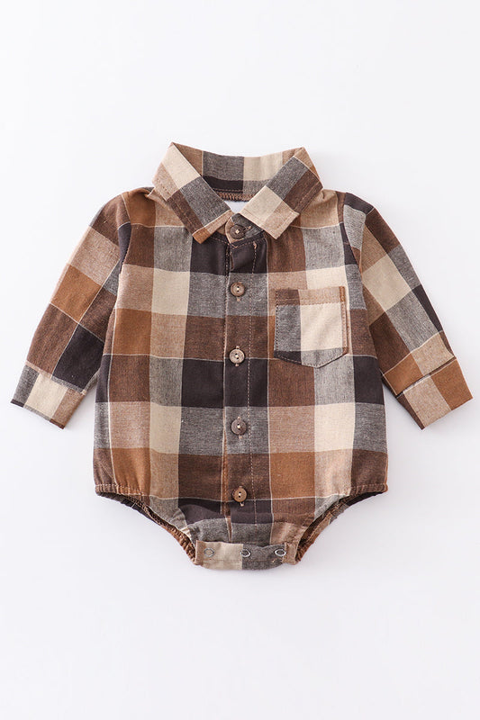 Brown plaid button down boy onesie dress shirt