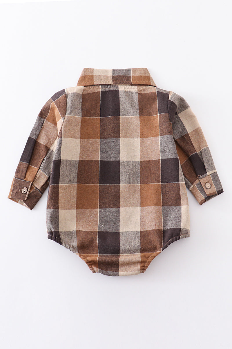 Brown plaid button down boy onesie dress shirt