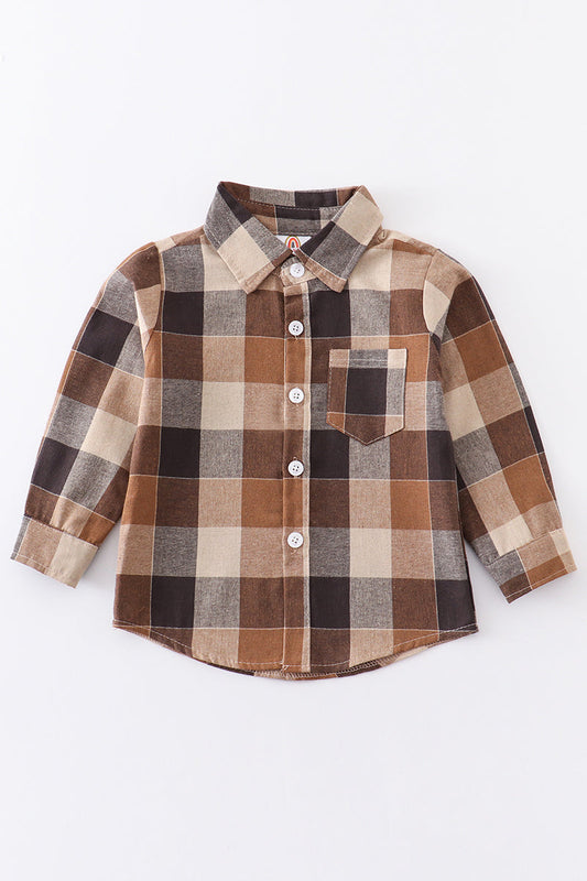 Brown plaid button down boy shirt