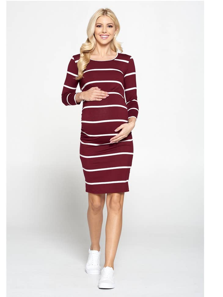 Maternity Bodycon Casual 3/4 Sleeve Dress-Made in Usa- Burgundy