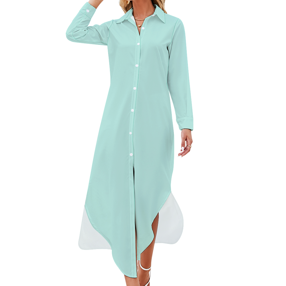 Women's Long Sleeves Shirt Dress Button Up Slit Skirt Blue