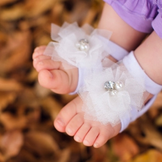 White Cotton & Tulle ToeBlooms Handmade Heirloom Barefoot Baby Sandals