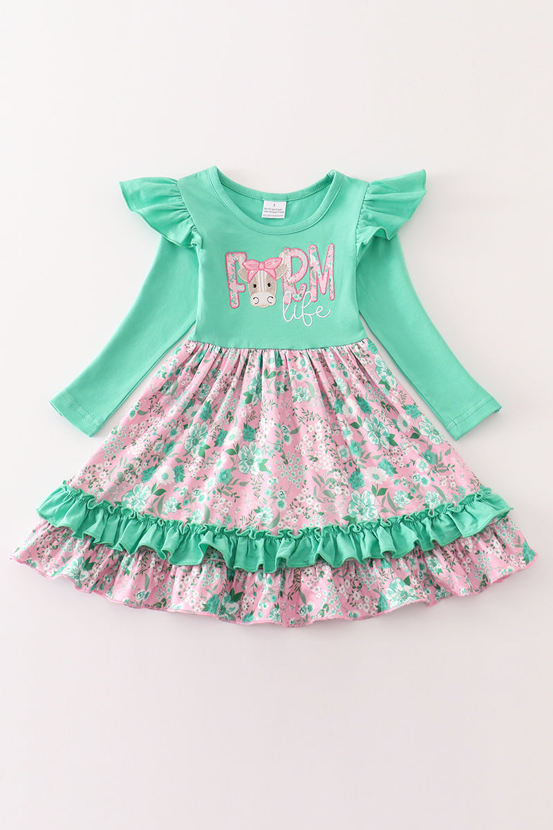 Green farm life floral print ruffle dress