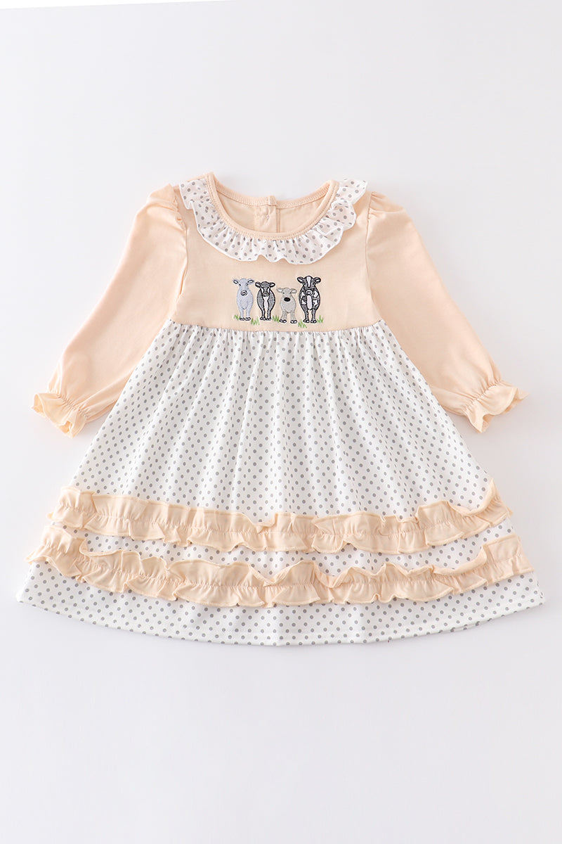 Beige cow embroidery ruffle dress