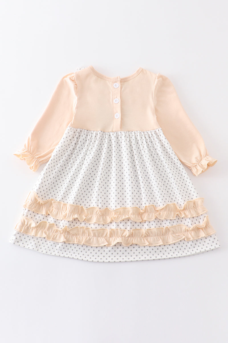 Beige cow embroidery ruffle dress