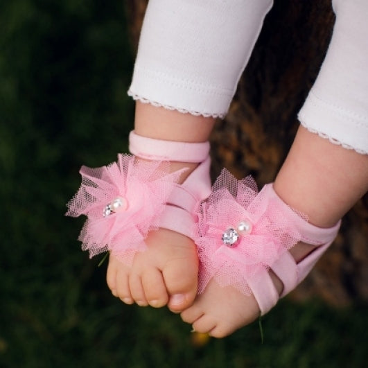 Pastel PinkTulle ToeBlooms Handmade Heirloom Barefoot Baby Sandals