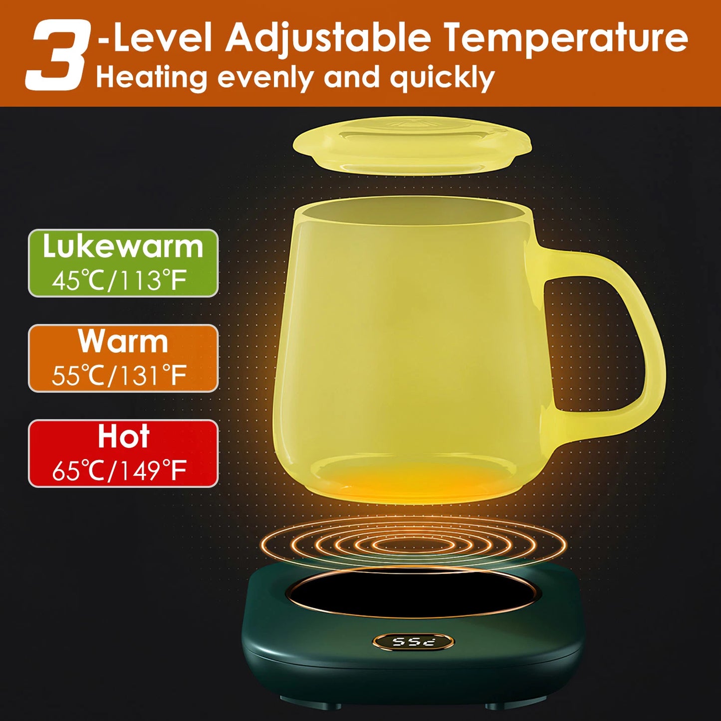 Electric Coffee Mug Warmer for Desk Auto Shut off USB Tea Milk Cup 3 Temp Setting