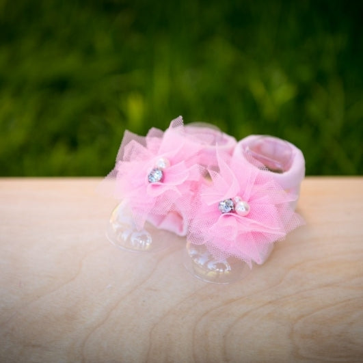 Pastel PinkTulle ToeBlooms Handmade Heirloom Barefoot Baby Sandals