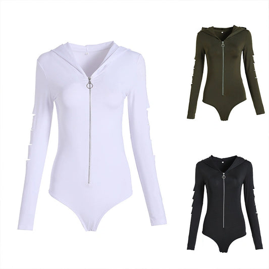 Women's sexy zipper hooded bodysuit long sleeve