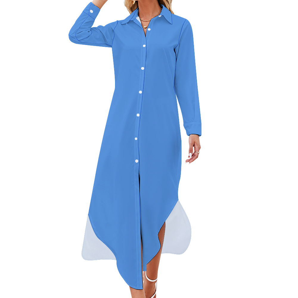 Women's Long Sleeves Shirt Dress Button Up Slit Skirt Blue