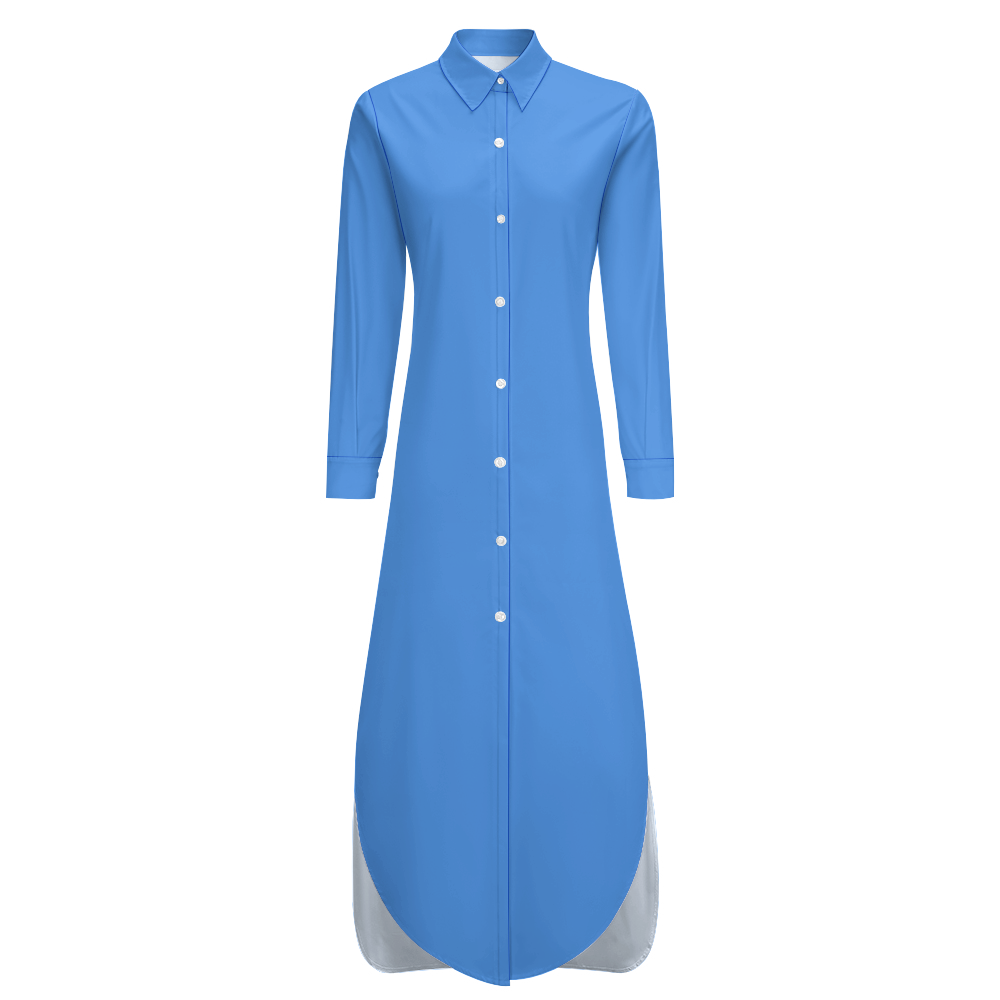 Women's Long Sleeves Shirt Dress Button Up Slit Skirt Blue