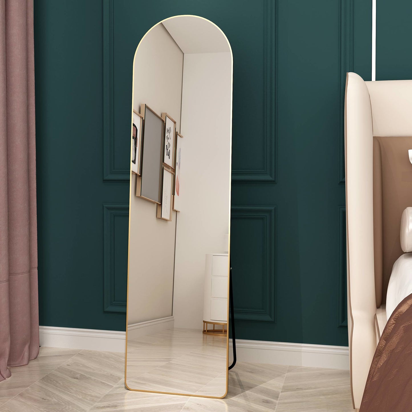 The 1st generation of floor mounted full length mirrors. Aluminum alloy metal frame arched wall mirror, bathroom makeup mirror, bedroom porch, wall mounted. Gold 60 "* 16.5"W115158172