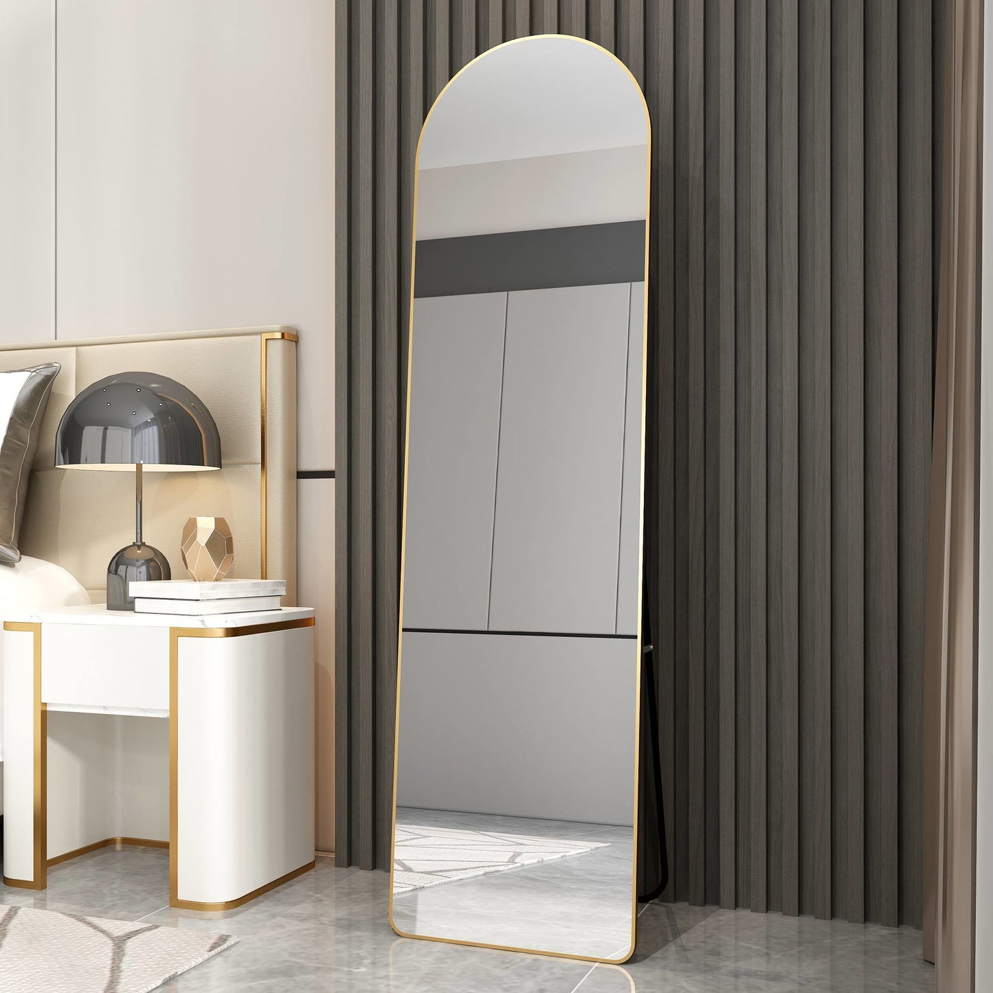 The 1st generation of floor mounted full length mirrors. Aluminum alloy metal frame arched wall mirror, bathroom makeup mirror, bedroom porch, wall mounted. Gold 60 "* 16.5"W115158172