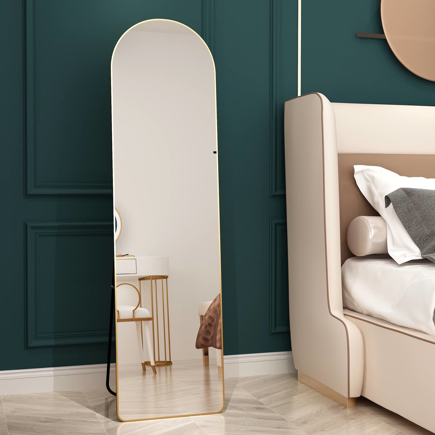 The 1st generation of floor mounted full length mirrors. Aluminum alloy metal frame arched wall mirror, bathroom makeup mirror, bedroom porch, wall mounted. Gold 60 "* 16.5"W115158172