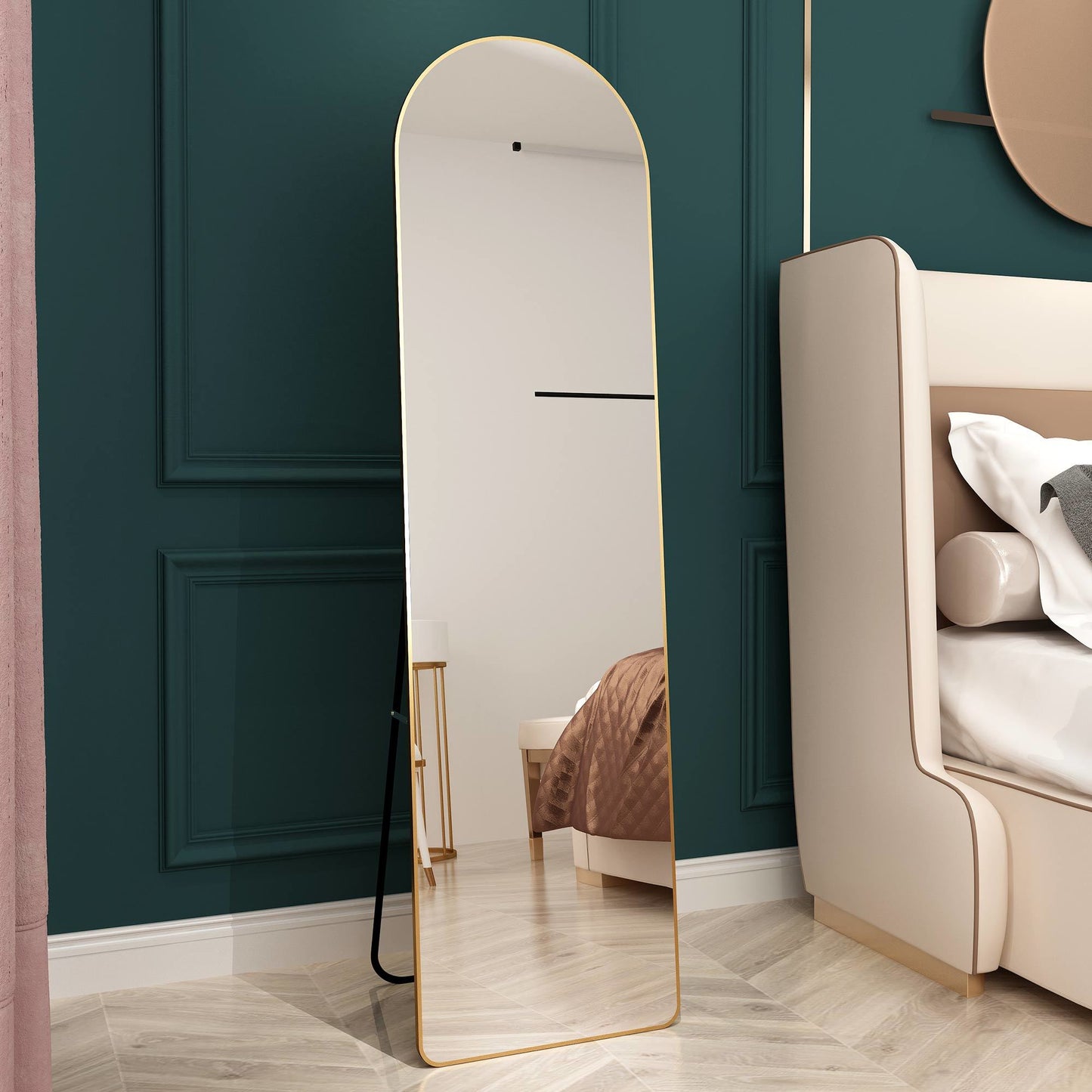 The 1st generation of floor mounted full length mirrors. Aluminum alloy metal frame arched wall mirror, bathroom makeup mirror, bedroom porch, wall mounted. Gold 60 "* 16.5"W115158172