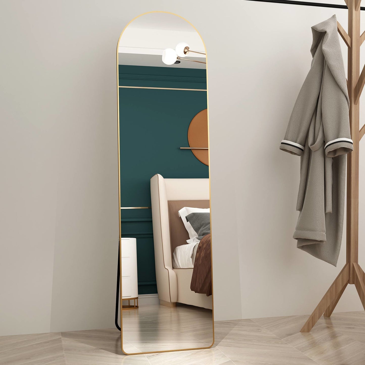 The 1st generation of floor mounted full length mirrors. Aluminum alloy metal frame arched wall mirror, bathroom makeup mirror, bedroom porch, wall mounted. Gold 60 "* 16.5"W115158172