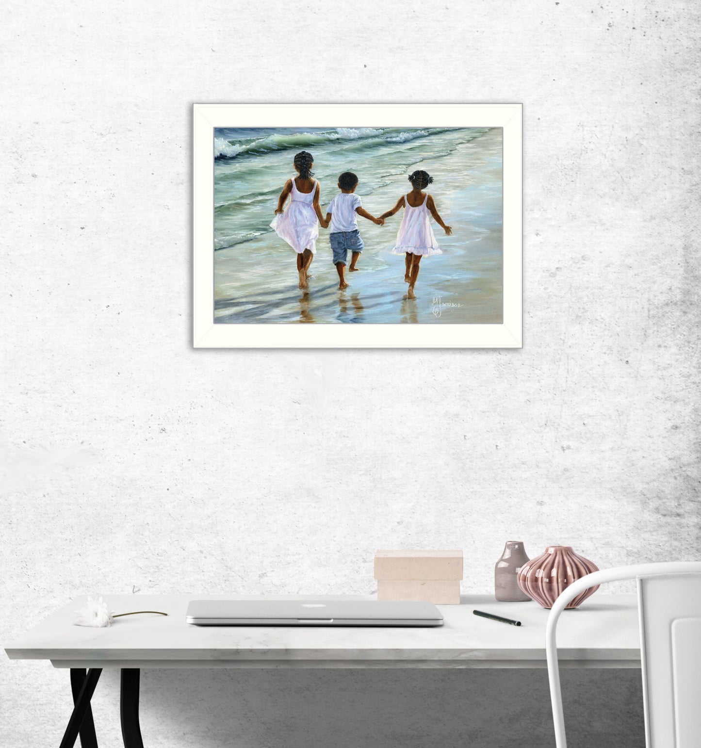 "Running on the Beach" By Georgia Janisse, Printed Wall Art, Ready To Hang Framed Poster, White Frame