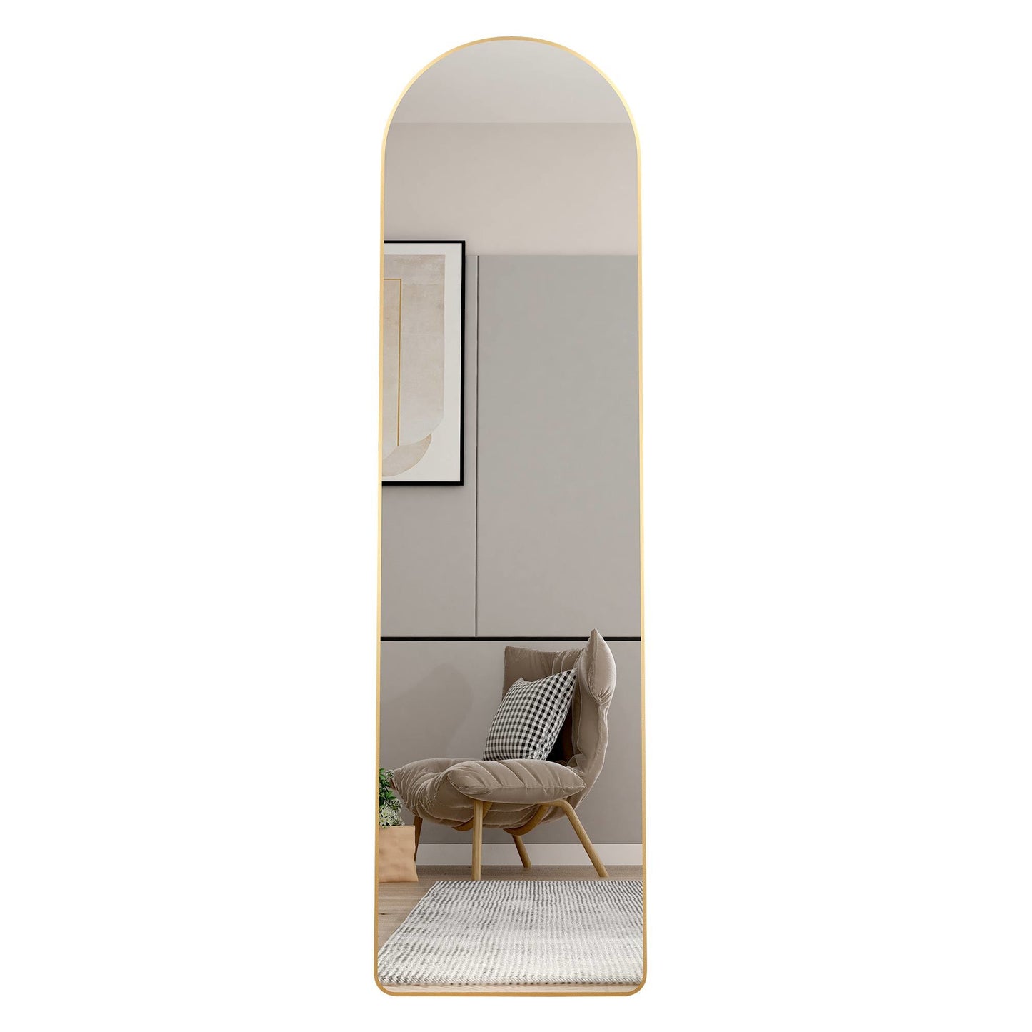 The 1st generation of floor mounted full length mirrors. Aluminum alloy metal frame arched wall mirror, bathroom makeup mirror, bedroom porch, wall mounted. Gold 60 "* 16.5"W115158172