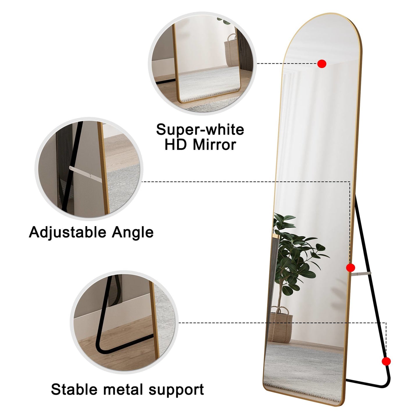 The 1st generation of floor mounted full length mirrors. Aluminum alloy metal frame arched wall mirror, bathroom makeup mirror, bedroom porch, wall mounted. Gold 60 "* 16.5"W115158172