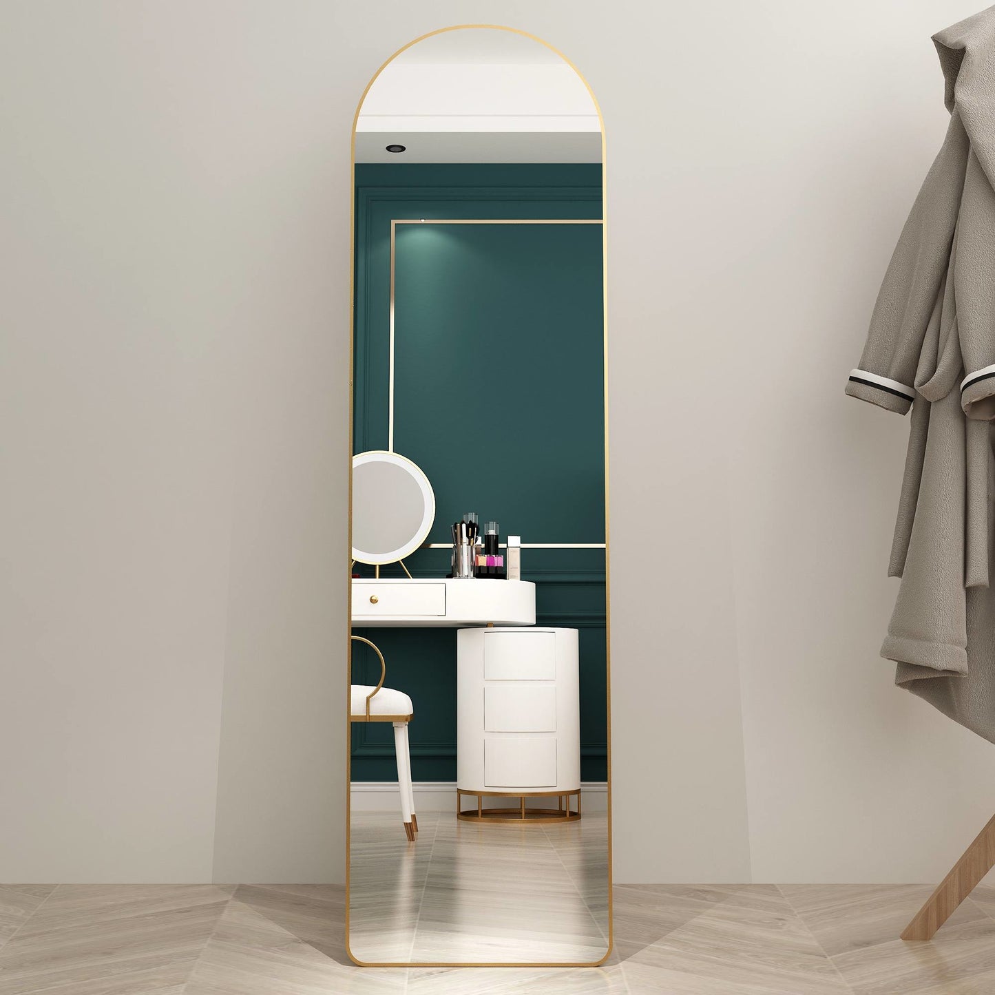 The 1st generation of floor mounted full length mirrors. Aluminum alloy metal frame arched wall mirror, bathroom makeup mirror, bedroom porch, wall mounted. Gold 60 "* 16.5"W115158172