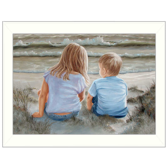 "Boy and Girl Sitting" By Georgia Janisse, Printed Wall Art, Ready To Hang Framed Poster, White Frame