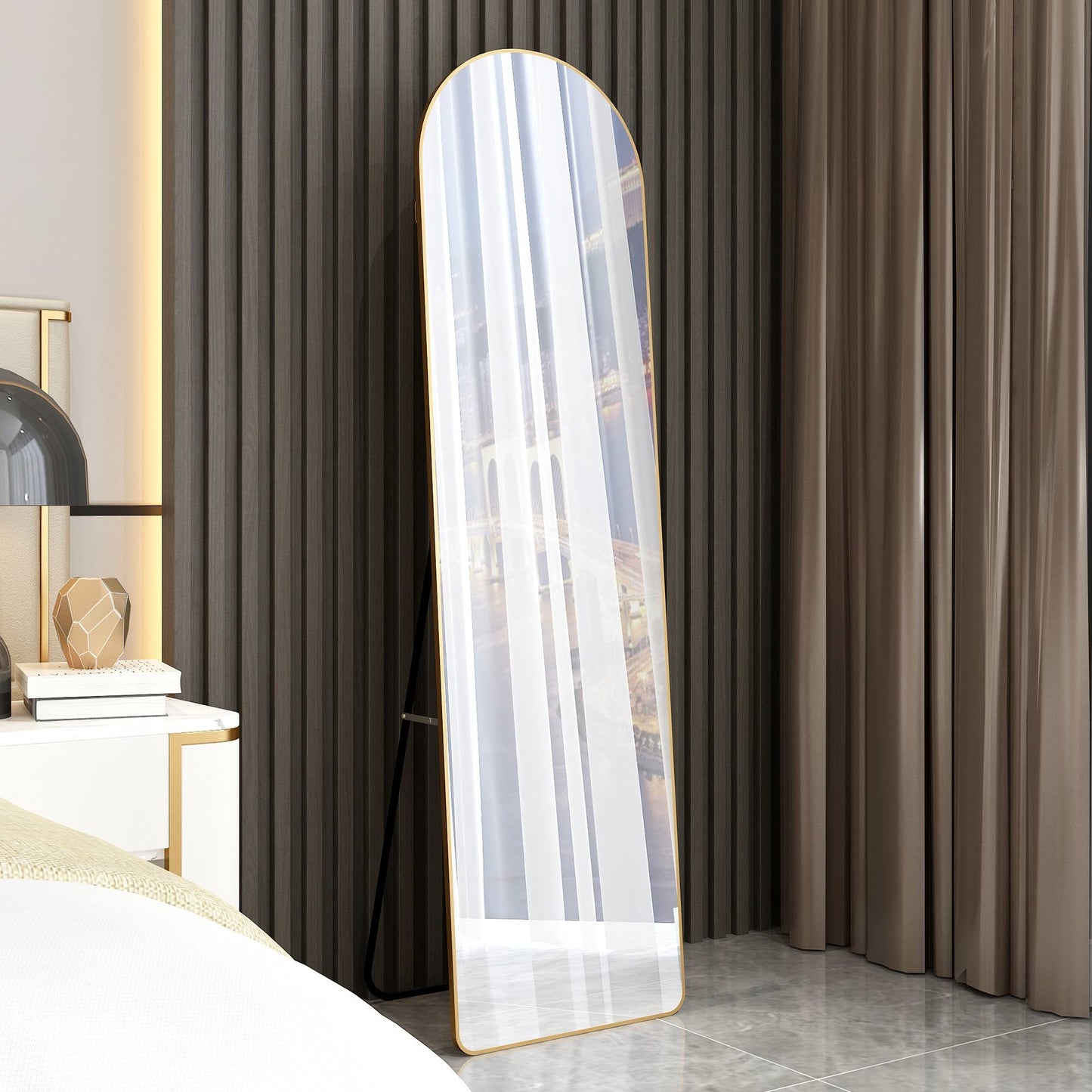 The 1st generation of floor mounted full length mirrors. Aluminum alloy metal frame arched wall mirror, bathroom makeup mirror, bedroom porch, wall mounted. Gold 60 "* 16.5"W115158172