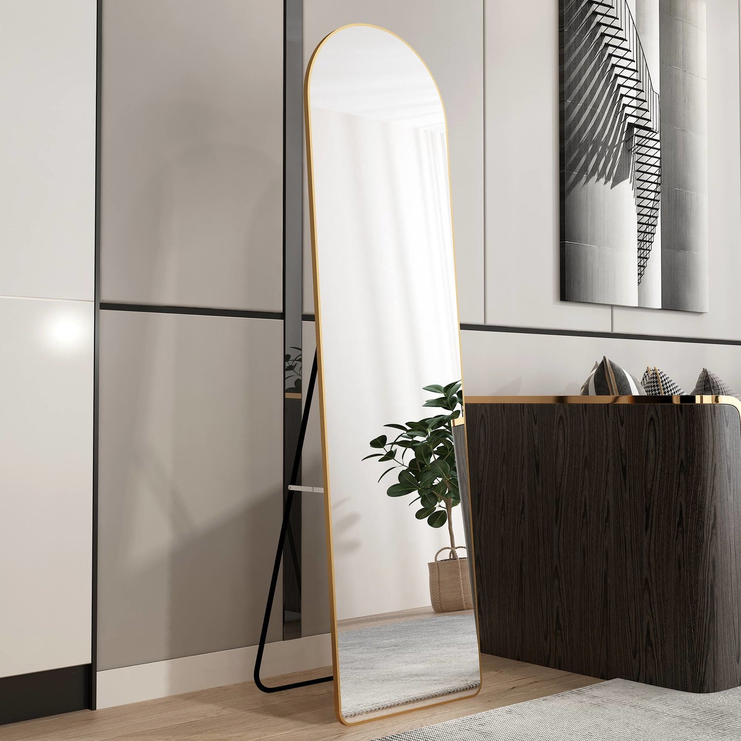 The 1st generation of floor mounted full length mirrors. Aluminum alloy metal frame arched wall mirror, bathroom makeup mirror, bedroom porch, wall mounted. Gold 60 "* 16.5"W115158172