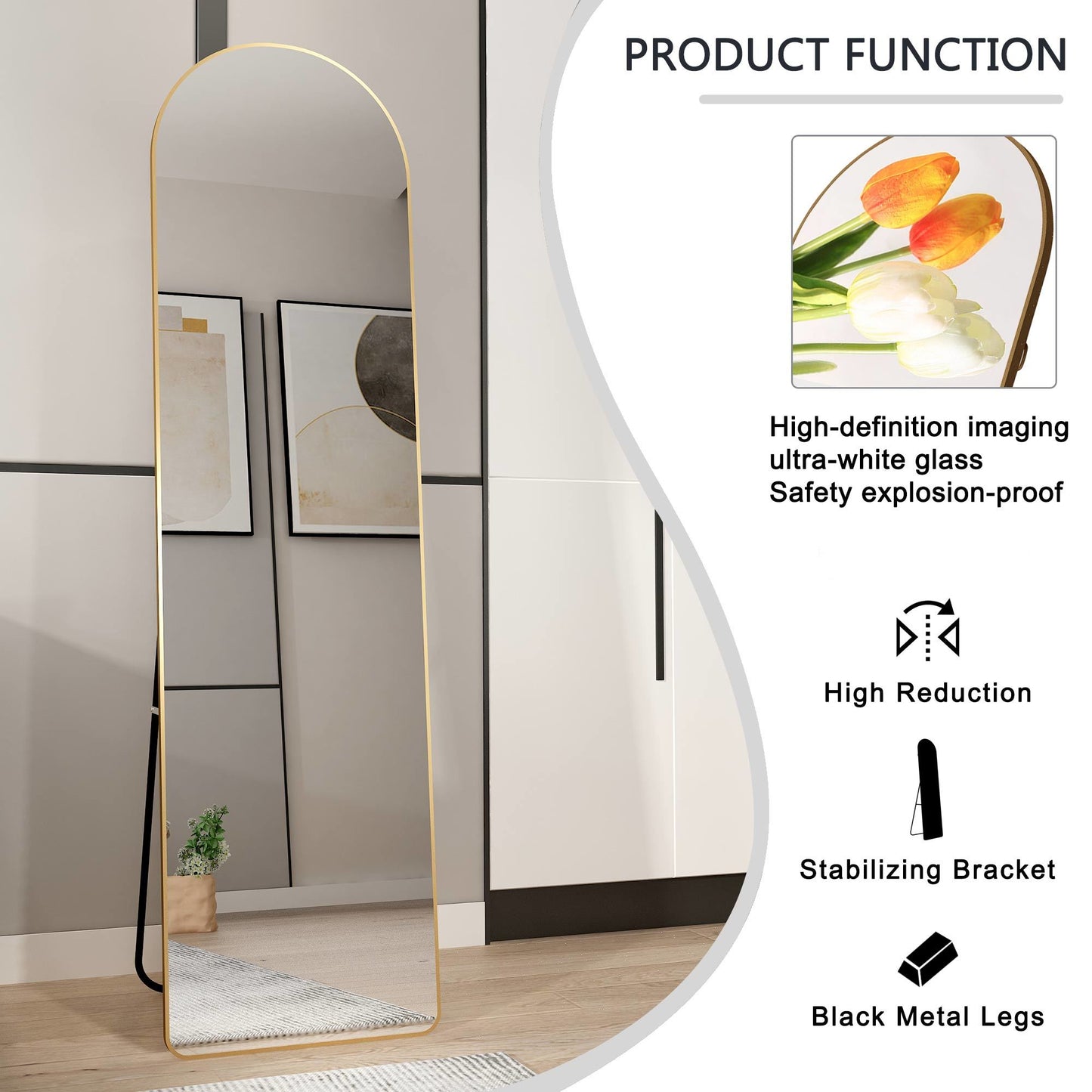 The 1st generation of floor mounted full length mirrors. Aluminum alloy metal frame arched wall mirror, bathroom makeup mirror, bedroom porch, wall mounted. Gold 60 "* 16.5"W115158172